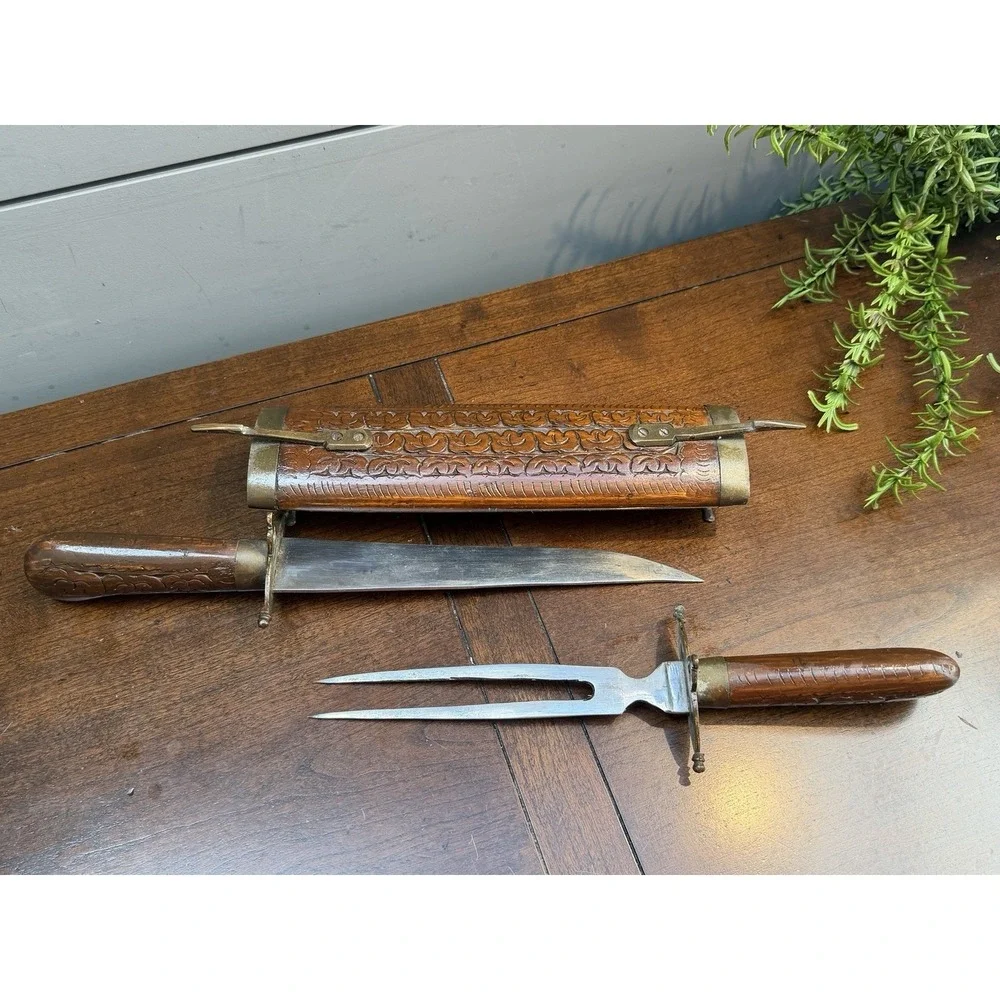 Vtg East India Knife & Fork Carving Set Brass Accents Carved Wood Handles